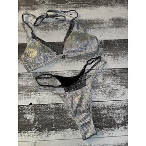 NWT Cupshe Metallic Silver Black Bikini Top & Bottoms Layered Size Small